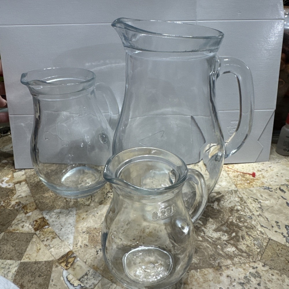 3 Vintage Pasabahce  1, .25, And .51 Liters Handle Clear Glass Beverage Pitchers